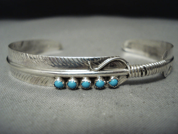 Detailed Native American Navajo Turquoise Snake Eyes Feather Sterling Silver Bracelet-Nativo Arts