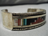 Superior Vintage Zuni Native American Navajo Turquoise Inlay Geomtric Sterling Silver Bracelet-Nativo Arts