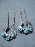 Dynamic Vintage Native American Navajo Kingman Turquoise Sterling Silver Hairpins Old-Nativo Arts