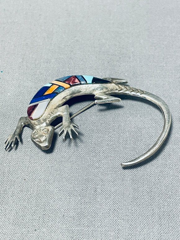 One Of A Kind Native American Navajo Turquoise Inlay Sterling Silver Gecko Pin-Nativo Arts
