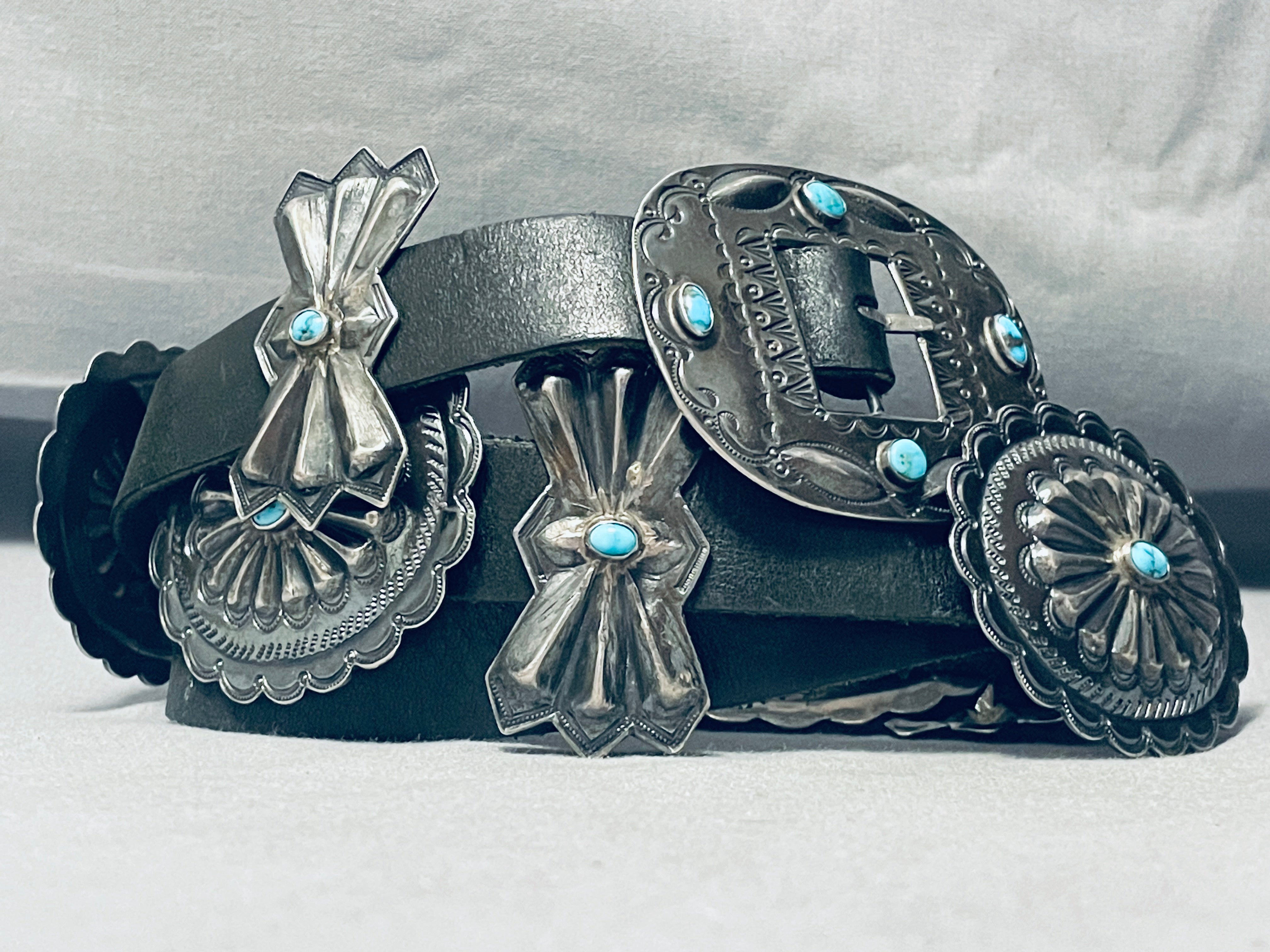 1940s Navajo Unsigned 11 Concho Belt Turquoise Sterling Silver Hand Stamped 28” Navajo Concho Belt Sterling Silver Turquoise Vintage Signed  main image 2