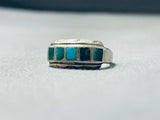 Fascinating Vintage Native American Navajo Blue Green Turquoise Inlay Sterling Silver Ring-Nativo Arts