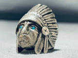 Heavy Mens Chief Head Vintage Native American Navajo Turquoise Sterling Silver Ring-Nativo Arts