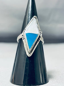 Awesome Vintage Native American Navajo Blue Gem Turquoise & Mother Of Pearl Sterling Silver Ring-Nativo Arts