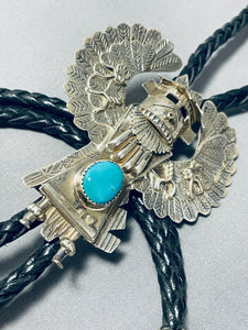 Huge Detailed Vintage Native American Navajo Kachina Turquoise Sterling Silver Bolo Tie-Nativo Arts