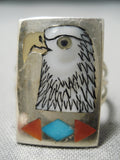 Intricate!! Vintage Zuni Native American Turquoise Eagle Sterling Silver Ring-Nativo Arts