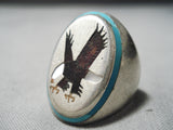Native American Amazing Vintage Cochiti Inlay Turquoise Eagle Sterling Silver Ring Old-Nativo Arts