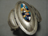 Native American Towering Vintage Navajo Turquoise Inlay Sterling Silver Concho Bracelet Old-Nativo Arts