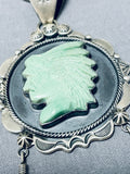 Longer Hand Carved Chief Head Vintage Native American Navajo Turquoise Sterling Silver Necklace-Nativo Arts