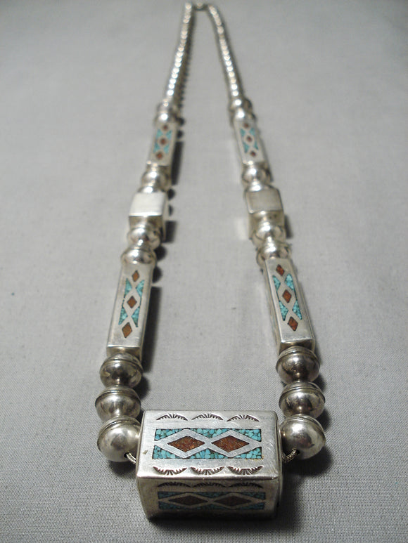 Statement Vintage Native American Navajo Tubule Turquoise Coral Sterling Silver Necklace-Nativo Arts