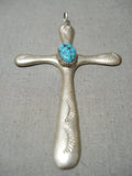 Superior Vintage Native American Navajo Hand Tooled Sterling Silver Turquoise Cross Pendant-Nativo Arts