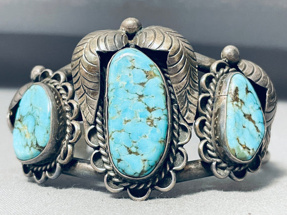 Optimum Vintage Native American Navajo #8 Turquoise Sterling Silver Leaf Bracelet Cuff-Nativo Arts