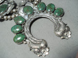300+ Gram Vintage Native American Navajo Green Turquoise Sterling Silver Squash Blossom Necklace-Nativo Arts