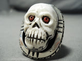 Native American Huge Important Francisco Gomez Coral Sterling Silver Skull Ring-Nativo Arts