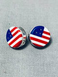 Famous Inlayer Native American Navajo Coral Inlay Sterling Silver American Flag Earrings-Nativo Arts
