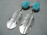 Stunning Native American Navajo Turquoise Sterling Silver Feather Earrings-Nativo Arts