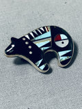 Extraordinary Native American Navajo Signed Inlay Jet Turquoise Coral Sterling Silver Bear-Nativo Arts