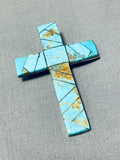 Glorious Vintage Native American Zuni Signed Turquoise Inlay Sterling Silver Cross Pin Pendant-Nativo Arts