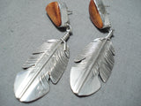 Outstanding Native American Navajo Spiny Oyster Shell Sterling Silver Feather Earrings-Nativo Arts