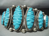 Museum Hand Carved Turquoise Vintage Native American Navajo Sterling Silver Bracelet Old-Nativo Arts