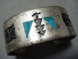 Thick Heavy Vintage Native American Navajo Turquoise Inlay Sterling Silver Bracelet Old-Nativo Arts