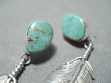 Signed Native American Navajo Royston Turquoise Sterling Silver Feather Earrings-Nativo Arts