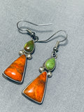 Fabulous Vintage Native American Navajo Royston Turquoise Orange Spiny Sterling Silver Earrings-Nativo Arts