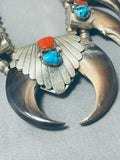 Important Vintage Native American Navajo Turquoise Bear Sterling Silver Squash Blossom Necklace-Nativo Arts