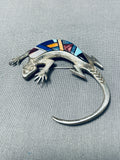 Native American Important Gecko Turquoise Inlay Sterling Silver Frank Yazzie Pin-Nativo Arts
