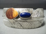 So Detailed Native American Navajo Lapis Sterling Silver Feather Bracelet Cuff-Nativo Arts
