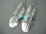 4 Inch Native American Navajo Old Kingman Turquoise Sterling Silver Large Feather Earrings-Nativo Arts