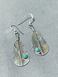 Very Detailed Vintage Native American Navajo Feather Turquoise Sterling Silver Earrings-Nativo Arts