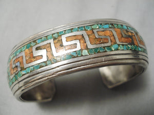 Thick Vintage Native American Navajo Turquoise Coral Sterling Silver Bracelet Old Cuff-Nativo Arts