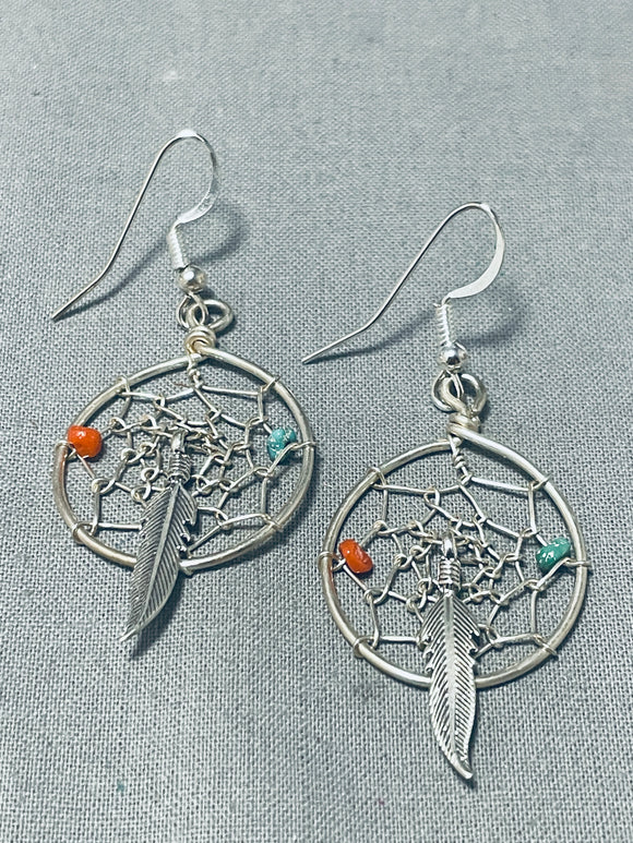 Traditional Native American Navajo Turquoise Coral Sterling Silver Dreamcatcher Earrings-Nativo Arts