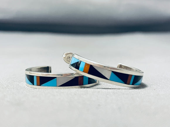 Superb Native American Navajo Inlay Jet Coral Turquoise Sterling Silver Hoop Earrings-Nativo Arts