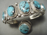 Incredible Vintage Native American Navajo Blie Diamond Turquoise Sterling Silver Bracelet Ring-Nativo Arts