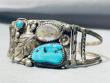 Detailed Older Vintage Native American Navajo Turquoise Sterling Silver Leaf Bracelet-Nativo Arts