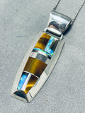 Kenny Bitsue Signed Native American Navajo Inlay Tigers Eye Opal Sterling Silver Necklace-Nativo Arts