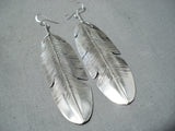 Magnificent Navajo Native American Sterling Silver Feather Earrings-Nativo Arts