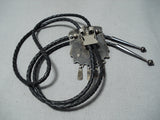 Detailed Vintage Zuni Native American Turquoise Kachina Sterling Silver Bolo Tie-Nativo Arts