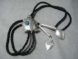 Astounding Navajo Turquoise Sterling Silver Toad Bolo Tie Native American-Nativo Arts