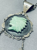 Longer Hand Carved Chief Head Vintage Native American Navajo Turquoise Sterling Silver Necklace-Nativo Arts