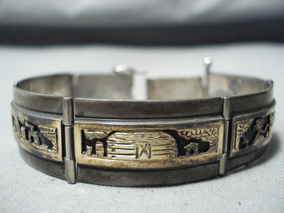 Custom Vintage Native American Navajo Sterling Silver 14k Gold Storyteller Bracelet-Nativo Arts