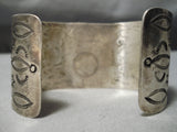 Wide Vintage Native American Navajo Hand Tooled #8 Turquoise Sterling Silver Bracelet-Nativo Arts