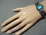 Early Vintage Native American Navajo Repoussed Sterling Silver Turquoise Bracelet Old-Nativo Arts