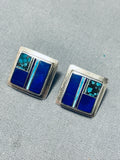 Radiant Vintage Native American Navajo Turquoise Lapis Inlay Sterling Silver Square Earrings-Nativo Arts