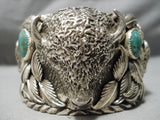 Heavy Huge Buffalo Native American Navajo Turquoise Sterling Silver Leaf Bracelet-Nativo Arts