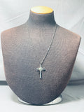 Celestial Vintage Native American Zuni Inlay Blue Gem Turquoise Sterling Silver Cross Necklace-Nativo Arts