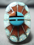 Exquisite Native American Zuni Turquoise Coral Opal Inlay Sunface Sterling Silver Ring-Nativo Arts
