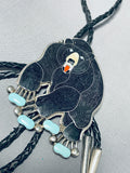 Gigantic Vintage Native American Zuni Blackbear Turquoise Sterling Silver Bolo Tie-Nativo Arts